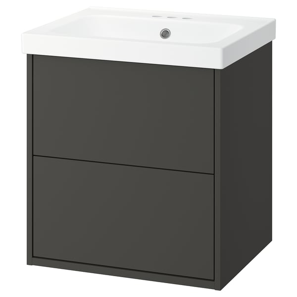 HAVBÄCK dark grey bathroom cabinet with white ceramic sink, wall-mounted.