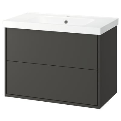 Modern dark grey bathroom vanity with 2 drawers and white basin top, sleek and minimalist design.