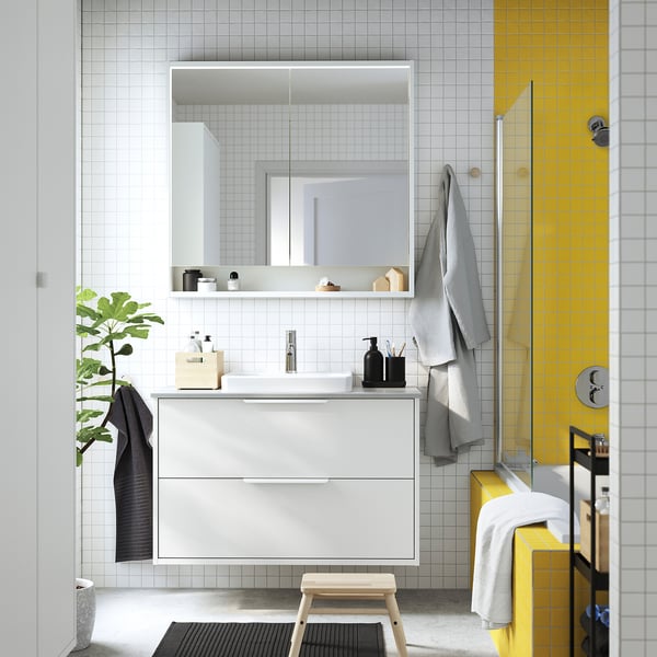 HAVBÄCK / ORRSJÖN Vanity with drawers, white/gray stone effect, 37x21 1/2x28 3/8 "