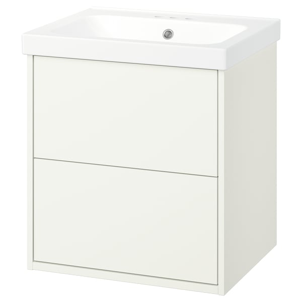 White HAVBÄCK bathroom unit with two drawers and ceramic sink.