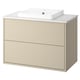 Havbaeck beige bathroom vanity, marble countertop, rectangular basin, wall-mounted, two drawers.