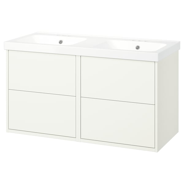HAVBÄCK white bathroom vanity, double sink, ceramic basin, modern design.
