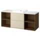 HAVBÄCK vanity set: light beige, wall-mounted, open & closed storage, white countertop, square basin.