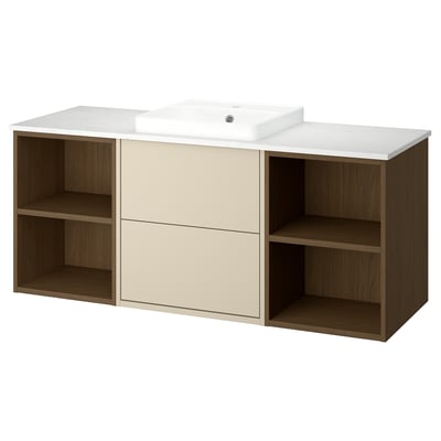 HAVBÄCK vanity set: light beige, wall-mounted, open & closed storage, white countertop, square basin.
