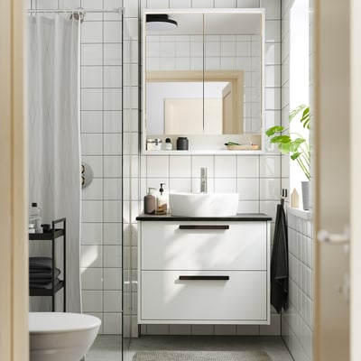 HAVBÄCK / TÖRNVIKEN Sink cab w drawers/sink/tap, white/black marble effect, 31x21 1/2x31 3/8 "