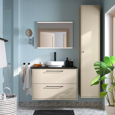 HAVBÄCK / VINDELÄLVEN Vanity with drawers, beige/black marble effect, 37x21 1/2x30 5/8 "