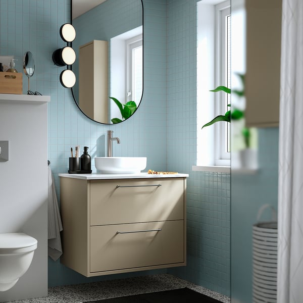 HAVBÄCK / VINDELÄLVEN Vanity with drawers, beige/white marble effect, 31x21 1/2x30 5/8 "