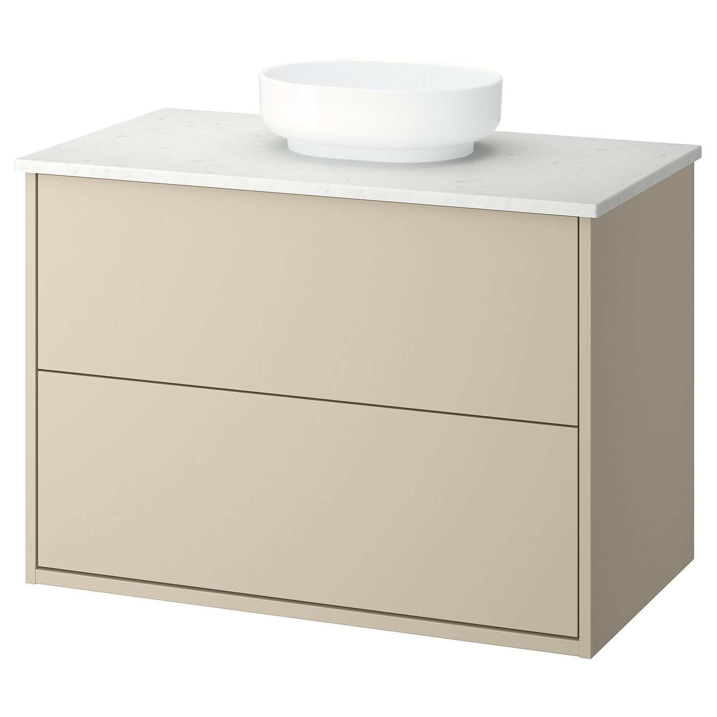 HAVBÄCK vanity: cream drawers, marble counter, round bowl, modern, wall-mount.