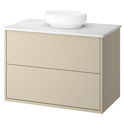 HAVBÄCK vanity: cream drawers, marble counter, round bowl, modern, wall-mount.
