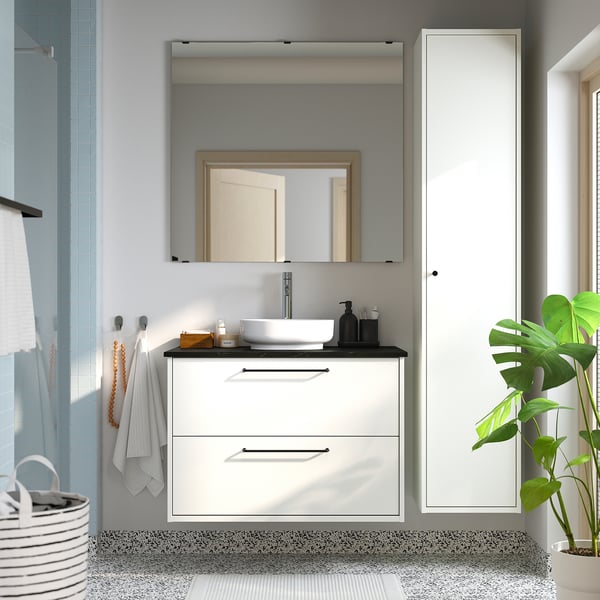 HAVBÄCK / VINDELÄLVEN Vanity with drawers, white/black marble effect, 37x21 1/2x30 5/8 "