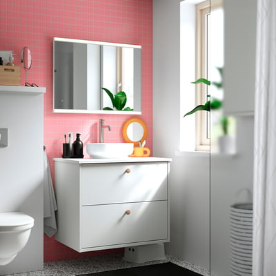 HAVBÄCK / VINDELÄLVEN Vanity with drawers, white/white marble effect, 31x21 1/2x30 5/8 "