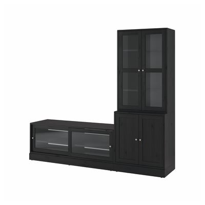 Black wooden tv stand with glass doors. Includes long horizontal and tall vertical units, rustic design.