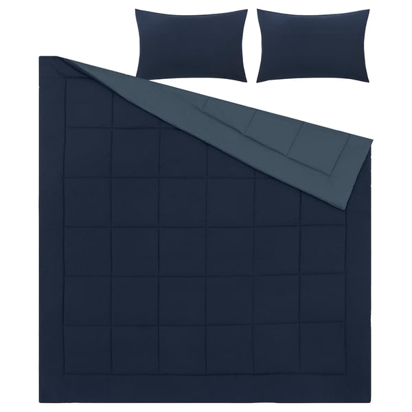 HEDFRYLE navy bedding set; soft recycled polyester, square design with contrasting edges.