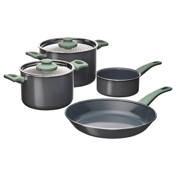 HEMLAGAD 6-piece cookware set, non-stick coating light gray-green/gray