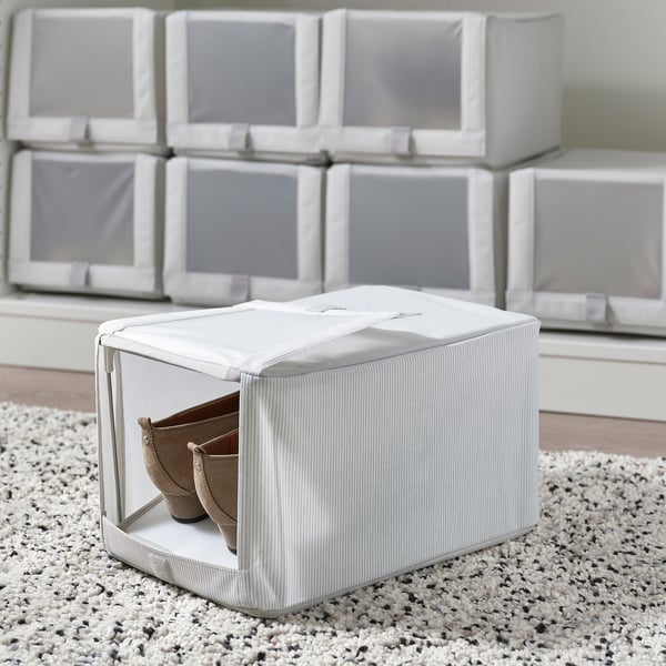 HEMMAFIXARE Shoe box, fabric striped/white/gray, 9x13x7 "