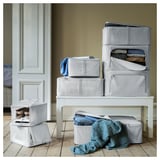 HEMMAFIXARE Shoe box, fabric striped/white/gray, 9x13x7 "