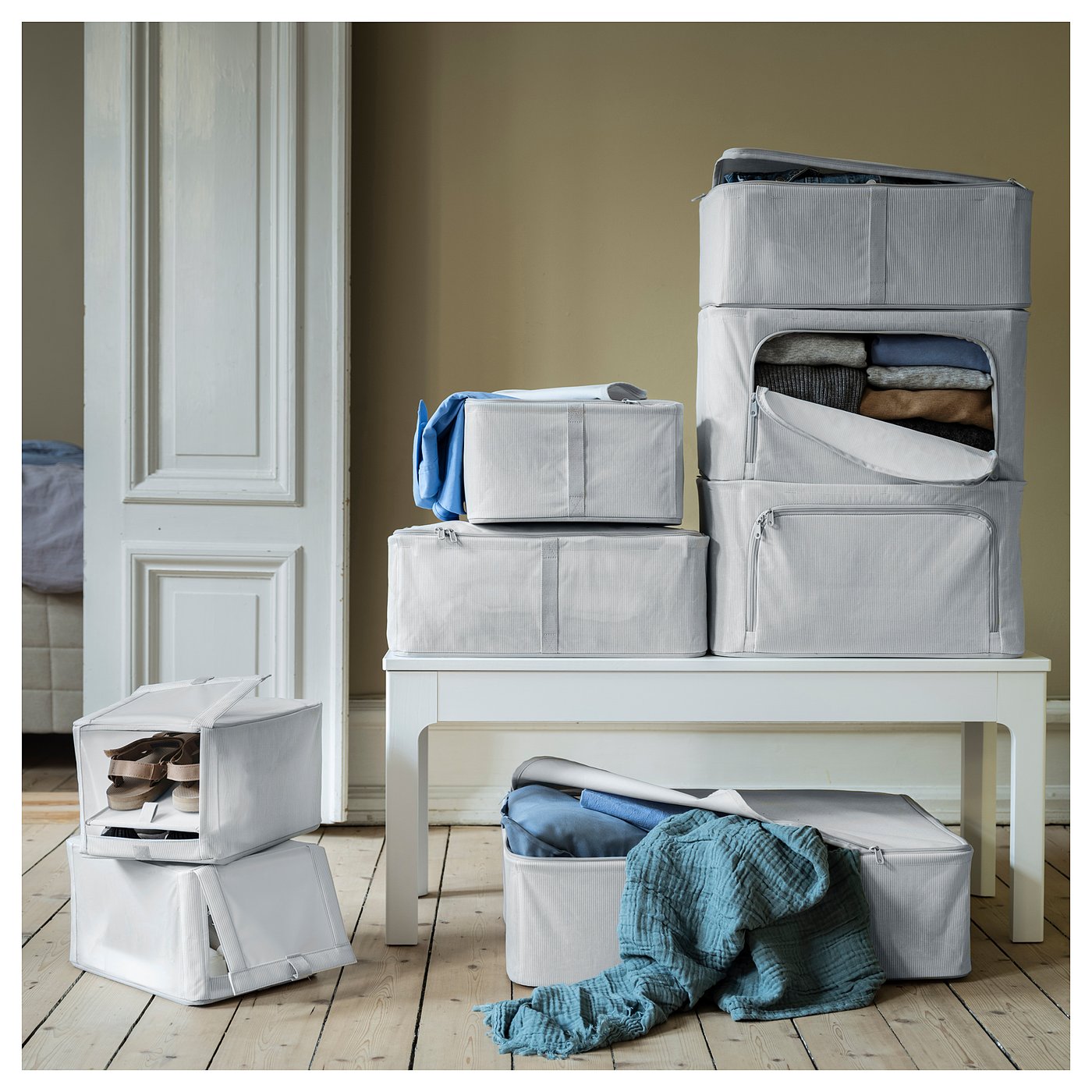 IKEA ヘマフィクサレ　６個 HEMMAFIXARE storage case, fabric striped/white/gray