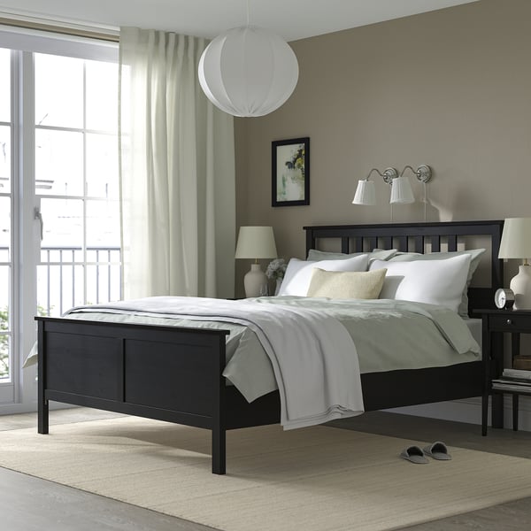 HEMNES Bed frame, black-brown/Lyngör white, Queen