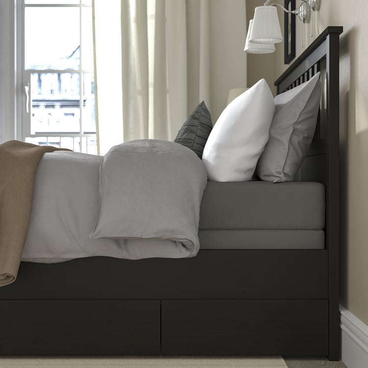 HEMNES Bed frame with 2 storage boxes blackbrown/Lyngör dark gray