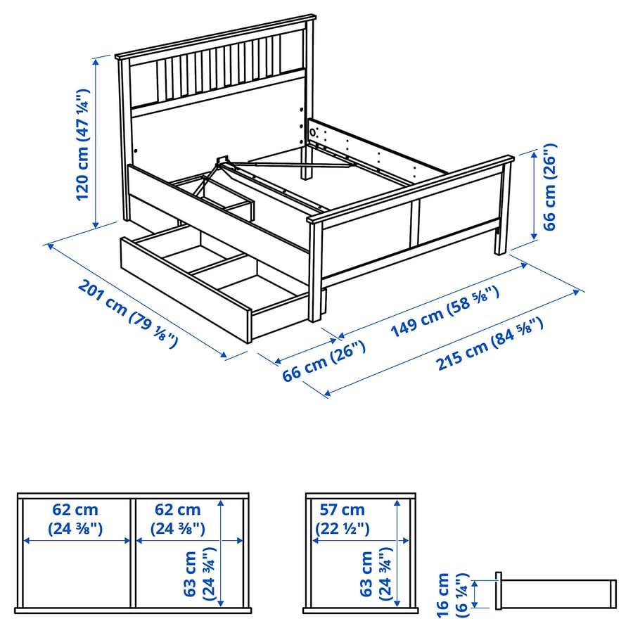 HEMNES bed frame with 2 storage boxes, dark gray stained/Luröy, Full IKEA CA