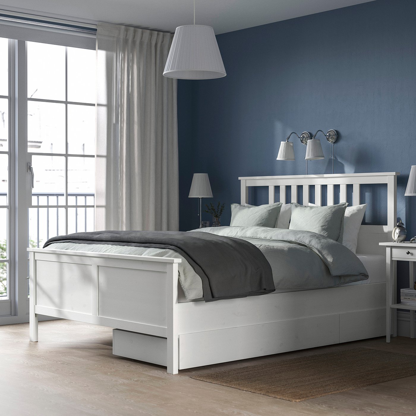 HEMNES bed frame with 2 storage boxes, white stain/Luröy, King