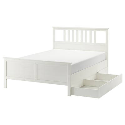 HEMNES Bed frame with 2 storage boxes, white stain, Queen