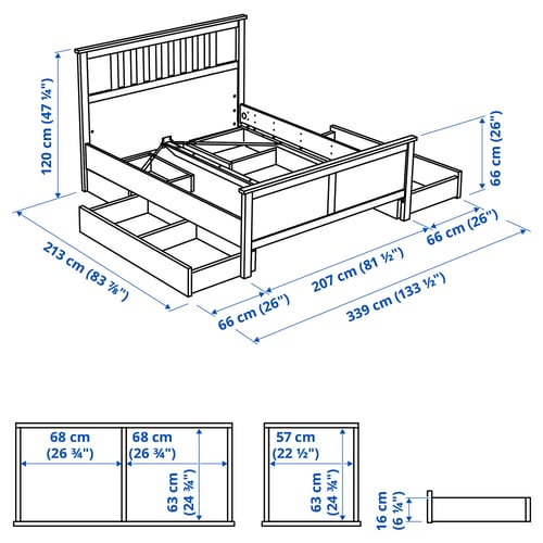 HEMNES bed frame with 4 storage boxes, dark gray stained/Luröy, King