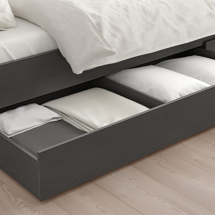 HEMNES Bed frame with 4 storage boxes dark gray stained/Lyngör dark