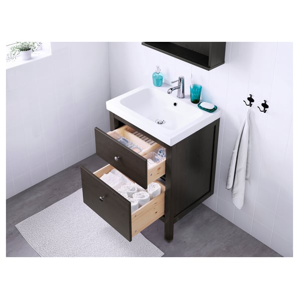 HEMNES / ODENSVIK Bathroom vanity blackbrown stained, Runskär faucet IKEA