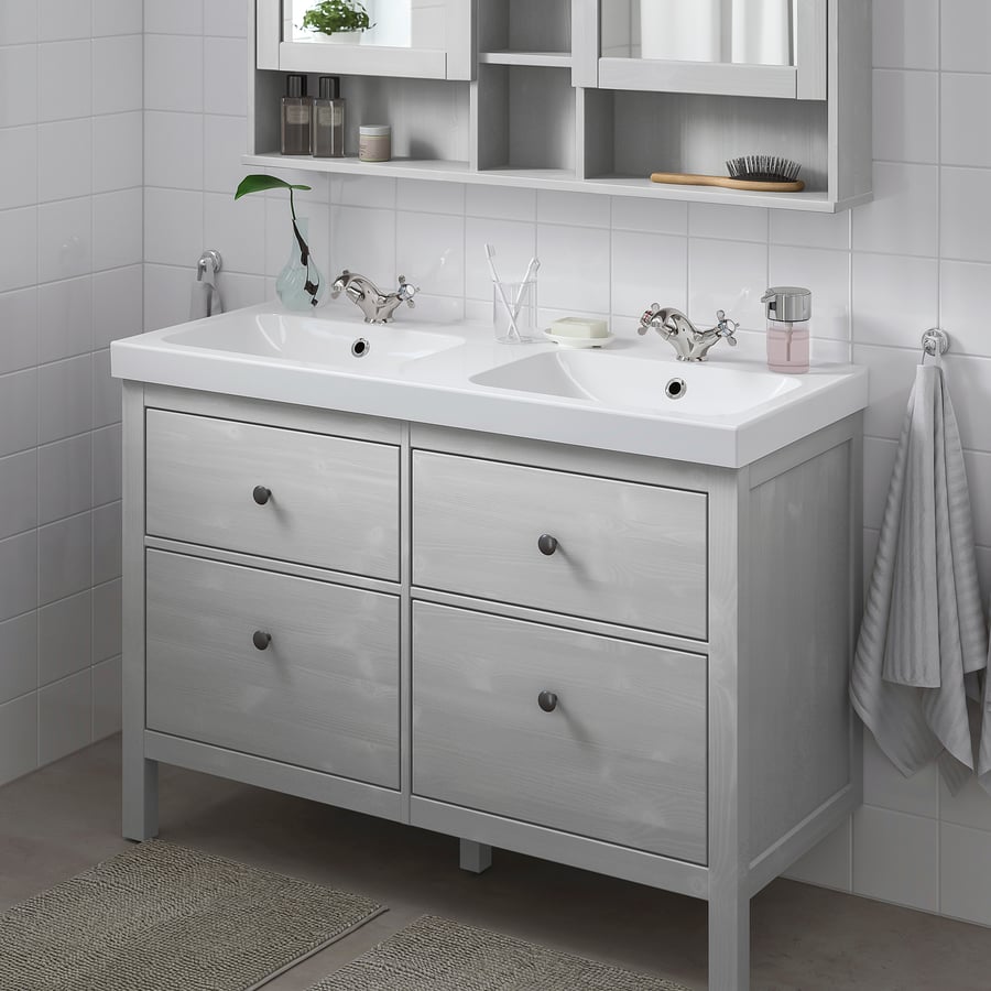 HEMNES / ODENSVIK Bathroom vanity, gray/Runskär faucet, 123x49x89 cm