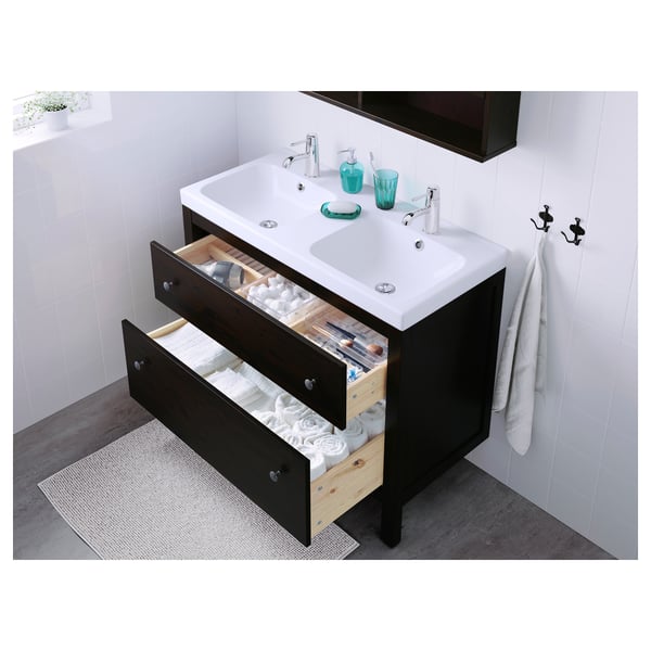 HEMNES / ODENSVIK Bathroom vanity blackbrown stained, Runskär faucet IKEA