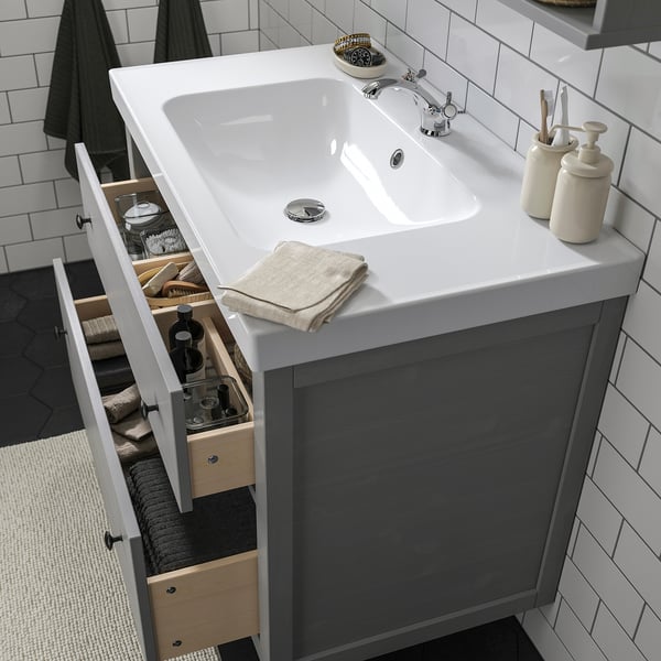 HEMNES / ORRSJÖN Sink cab w drawers/sink/tap, gray, 37x21 3/4x34 7/8 "