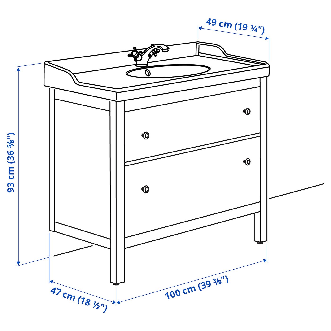 Hemnes / Rättviken Bathroom Vanity, White/Runskär Faucet, 102X49X89 Cm  (401/8X191/4X35