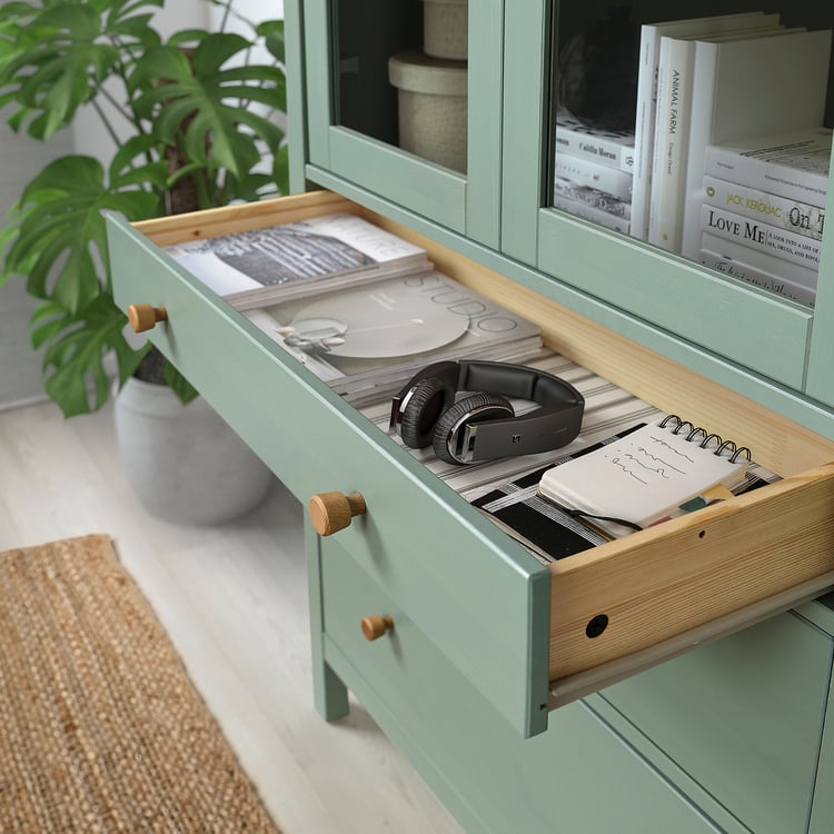 HEMNES storage combination w doors/drawers, gray-green/light brown ...