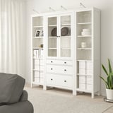HEMNES Storage combination w doors/drawers, white stain/clear glass, 74x77 1/2 "