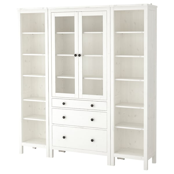 HEMNES Storage combination w doors/drawers, white stain/clear glass, 74x77 1/2 "