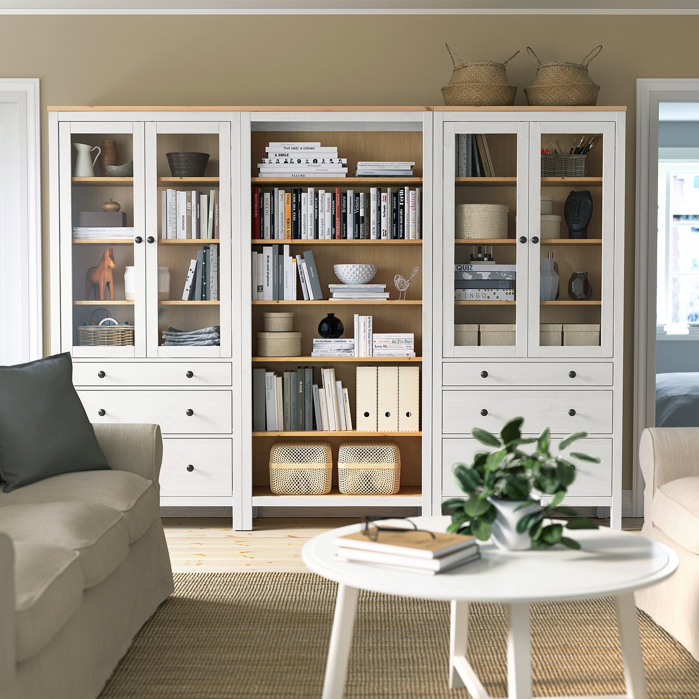 HEMNES storage combination w doors/drawers, white stain/light