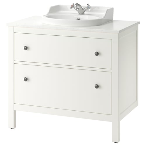 A white HEMNES bathroom vanity with two drawers, a white countertop, and an oval ceramic sink. Chrome tap included.