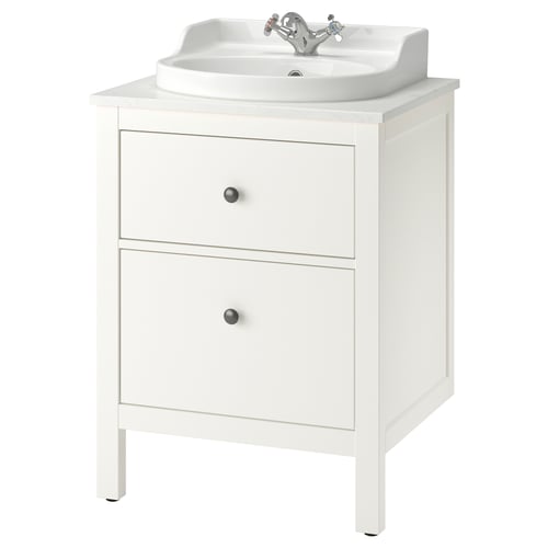 White HEMNES bathroom vanity, rectangular with 2 drawers, ceramic sink, chrome fixtures.
