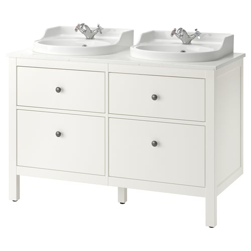 White double sink vanity, HEMNES with soft-close drawers, sleek scandinavian design.