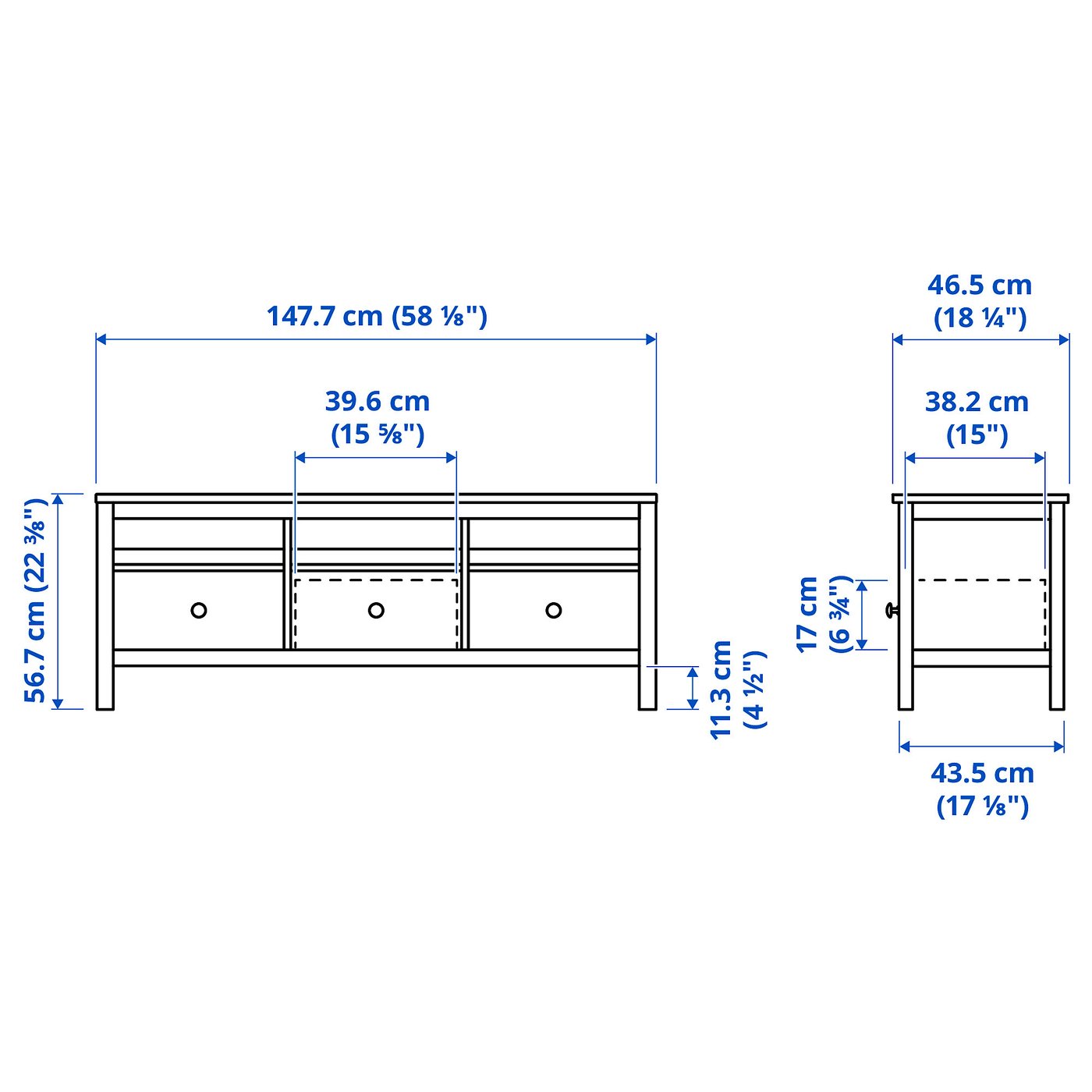 HEMNES TV bench, white stain, 148x47x57 cm (581/4x181/2x221/2