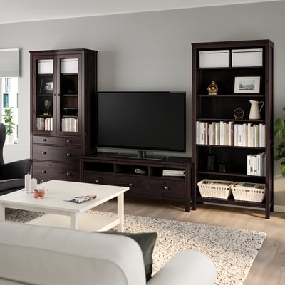 HEMNES TV storage combination, black-brown/clear glass, 128 3/8x77 1/2 "