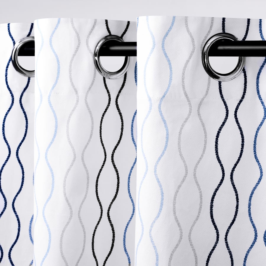 HENNY RAND curtains, 1 pair, white/dark blue/light blue/light gray