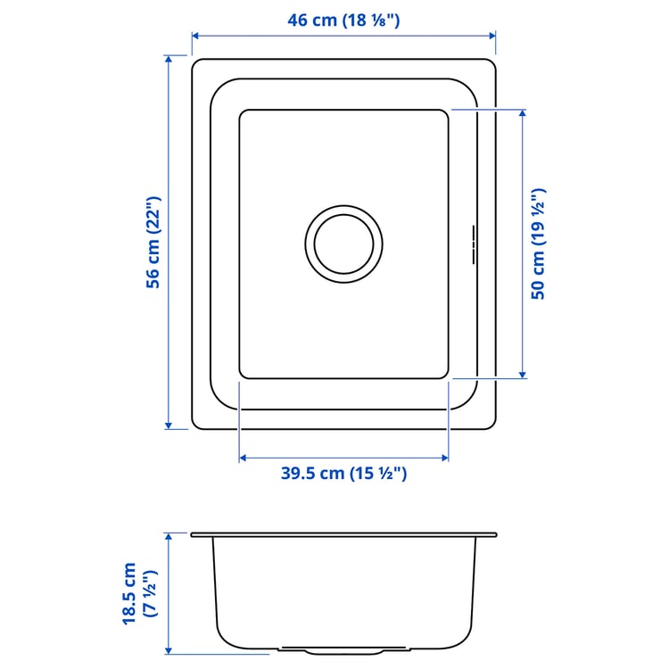HILLESJÖN inset sink, 1 bowl, stainless steel, 56x46 cm (22x181/8 ...