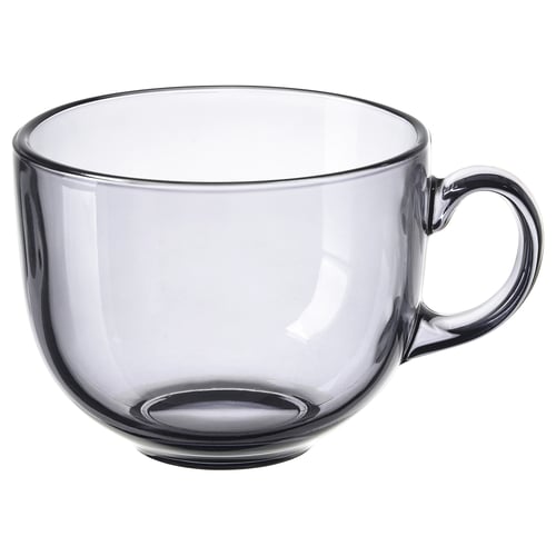 Single, transparent grey glass cup with small handle, round shape.