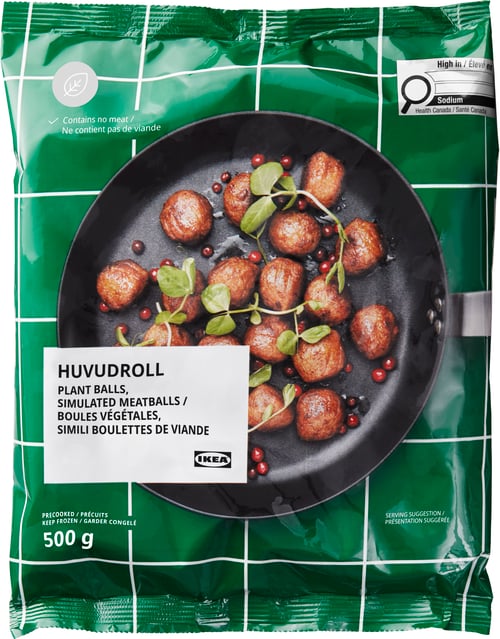 IKEA HUVUDROLL plant balls bag. Vegan, meat-free balls in pan with greens, 500g.