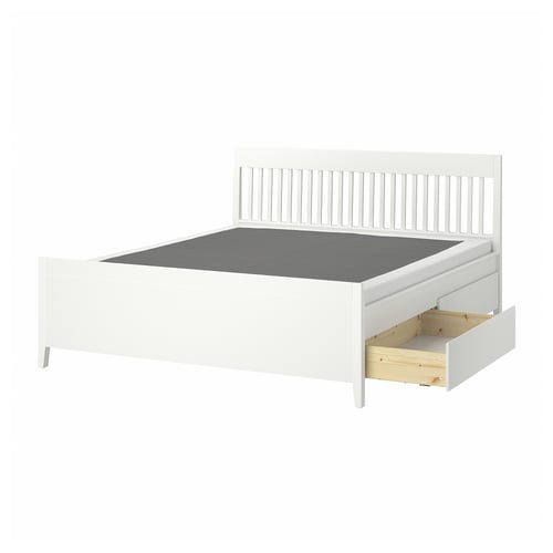A white IDANÄS bed frame with built-in storage drawers and a simple, classic design.