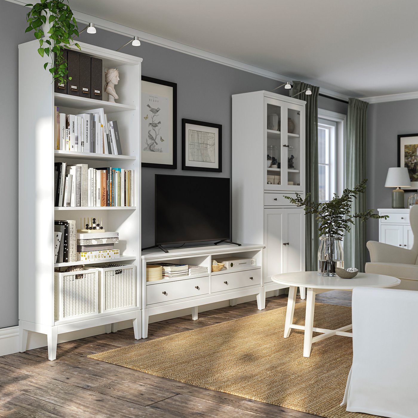 IDANÄS TV storage combination, glass/white, 325x40x211 cm (128x153