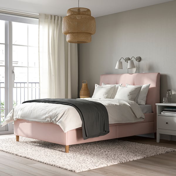 IDANÄS Upholstered storage bed, Gunnared pale pink, Full/Double