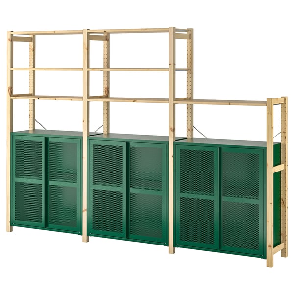 IVAR 3 section shelving unit pine/green mesh, 102x113/4x701